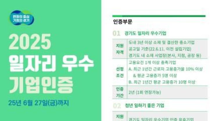 경기도, 일자리 우수기업·청년 일하기 좋은 기업 인증 기업 모집