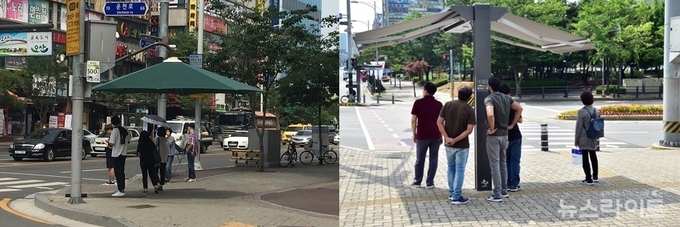 자료사진 - 교차로 그늘막에서 뜨거운 햇빛을 피하는 시민들
