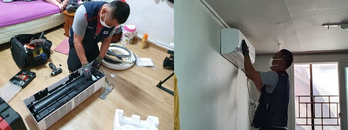 저소득층 독거노인가구에 에어컨을 설치해주는 모습