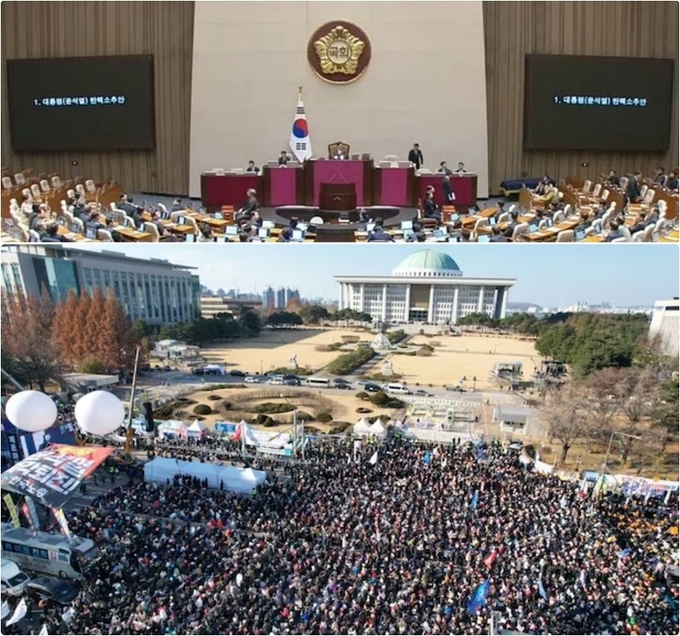 12월 14일 윤석열 대통령 탄핵소추안이 국회 본회의장에서 가결됐다. (사진 위) 그 시각 여의도 국회 앞에 모여 윤석열 대통령 퇴진을 부르짖고 있는 국민들의 모습.(사진 아래) 