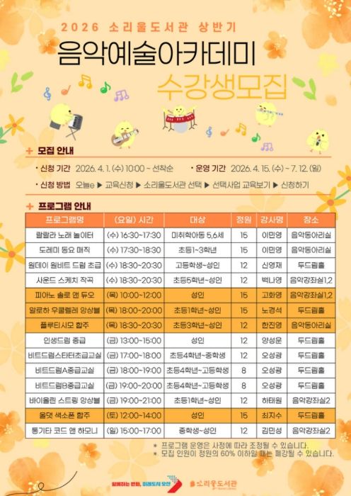 오산시 소리울도서관, ‘상반기 음악예술아카데미’ 수강생 모집
